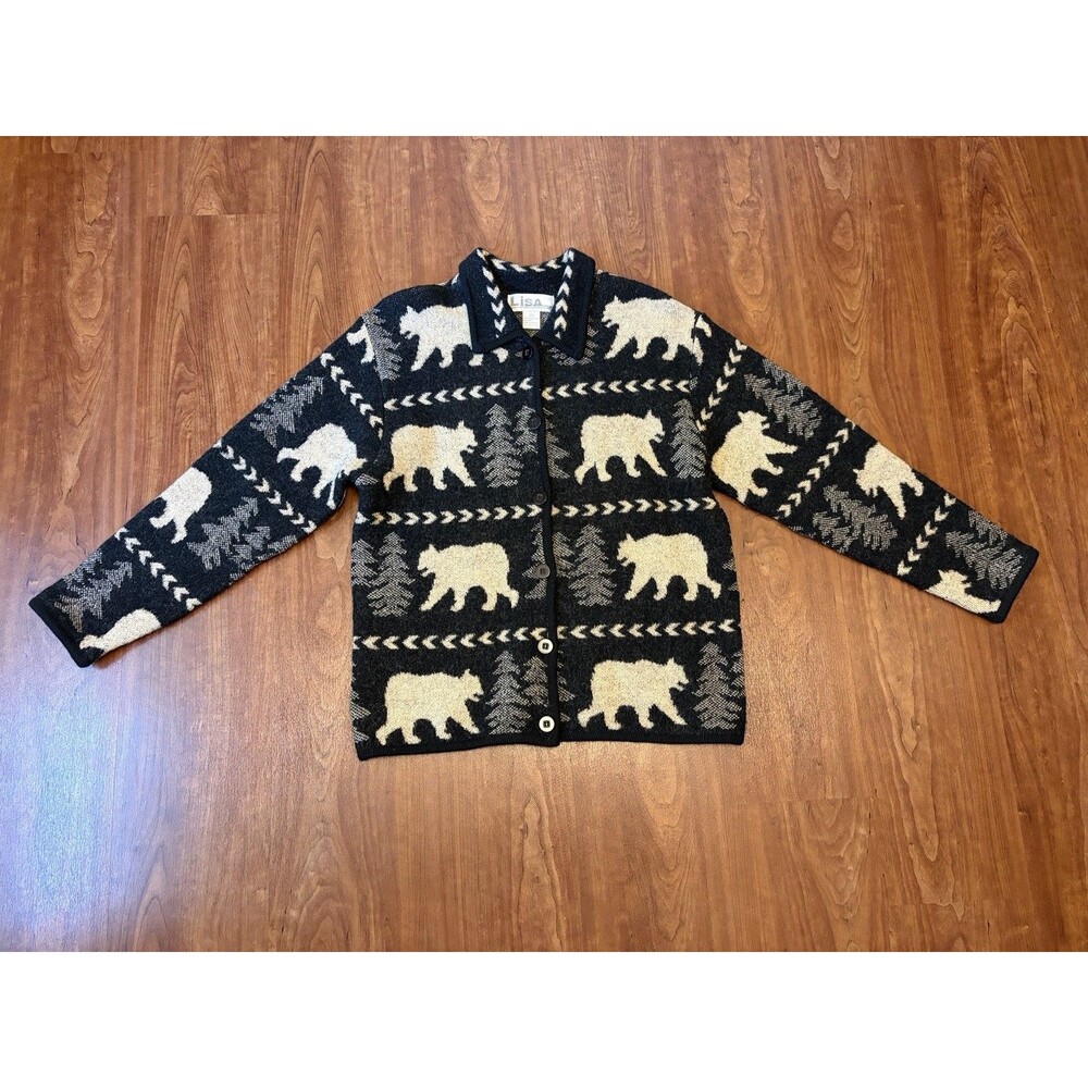 Lisa International Wool Cardigan Sweater Women's L Black Bears Rustic Cabin Core